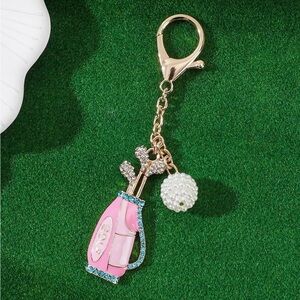 Elegant Pink and Gold Golf Theme Keychain Bag & Purse Charm with Rhinestones